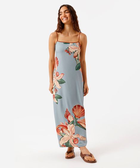 vestido longo alça fina feminino floral azul