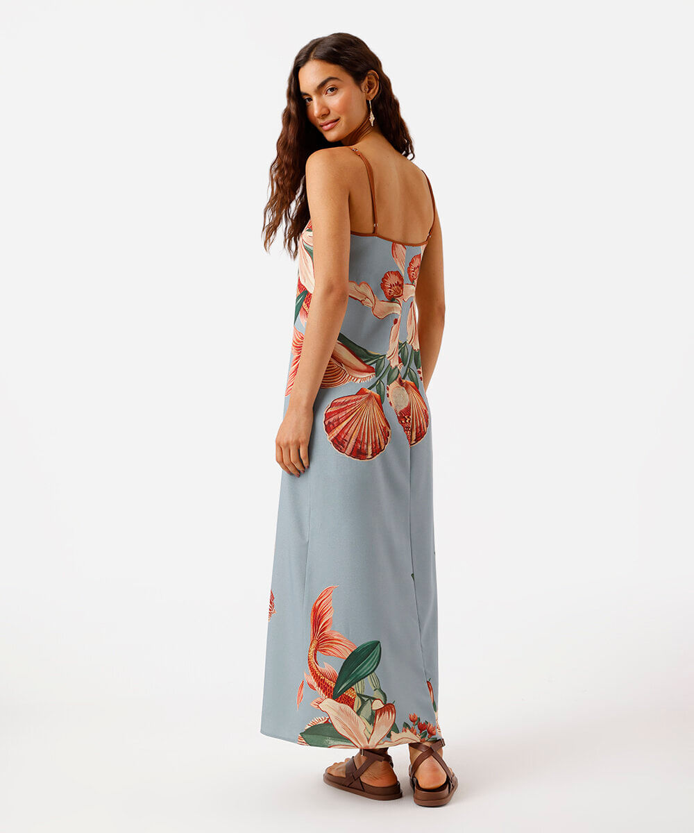 vestido longo alça fina feminino floral azul