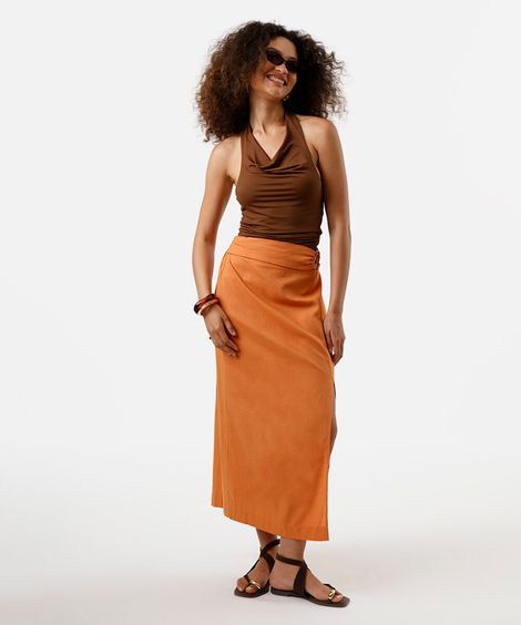 saia midi feminina com linho e fenda laranja