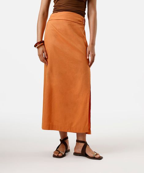 saia midi feminina com linho e fenda laranja