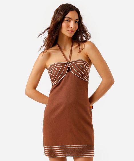 vestido curto feminino com linho bordado marrom