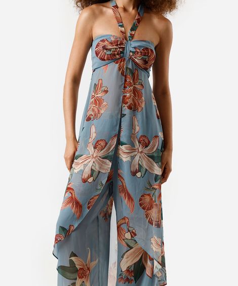 blusa alongada feminina frente única floral azul