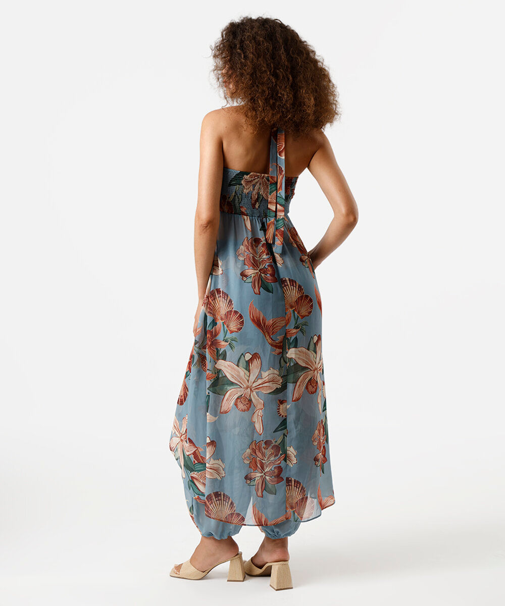 blusa alongada feminina frente única floral azul