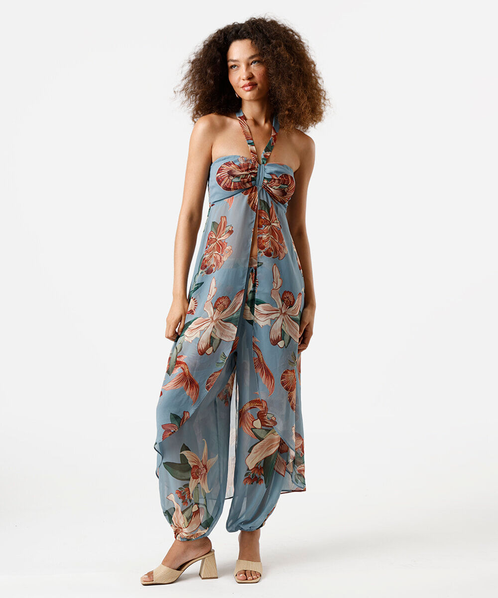 blusa alongada feminina frente única floral azul