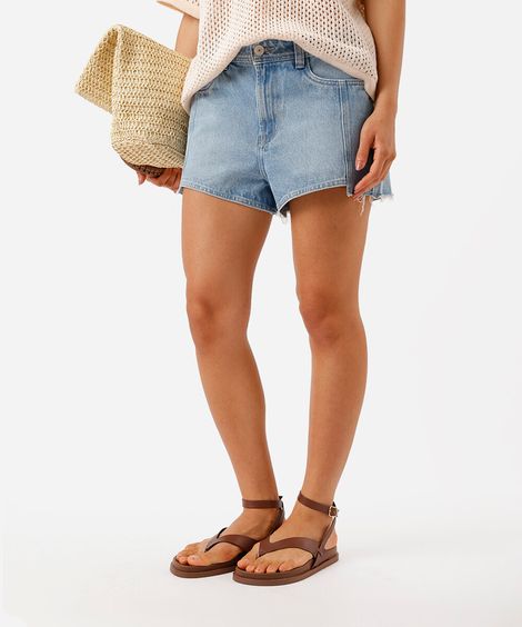short feminino jeans cintura média com recortes azul
