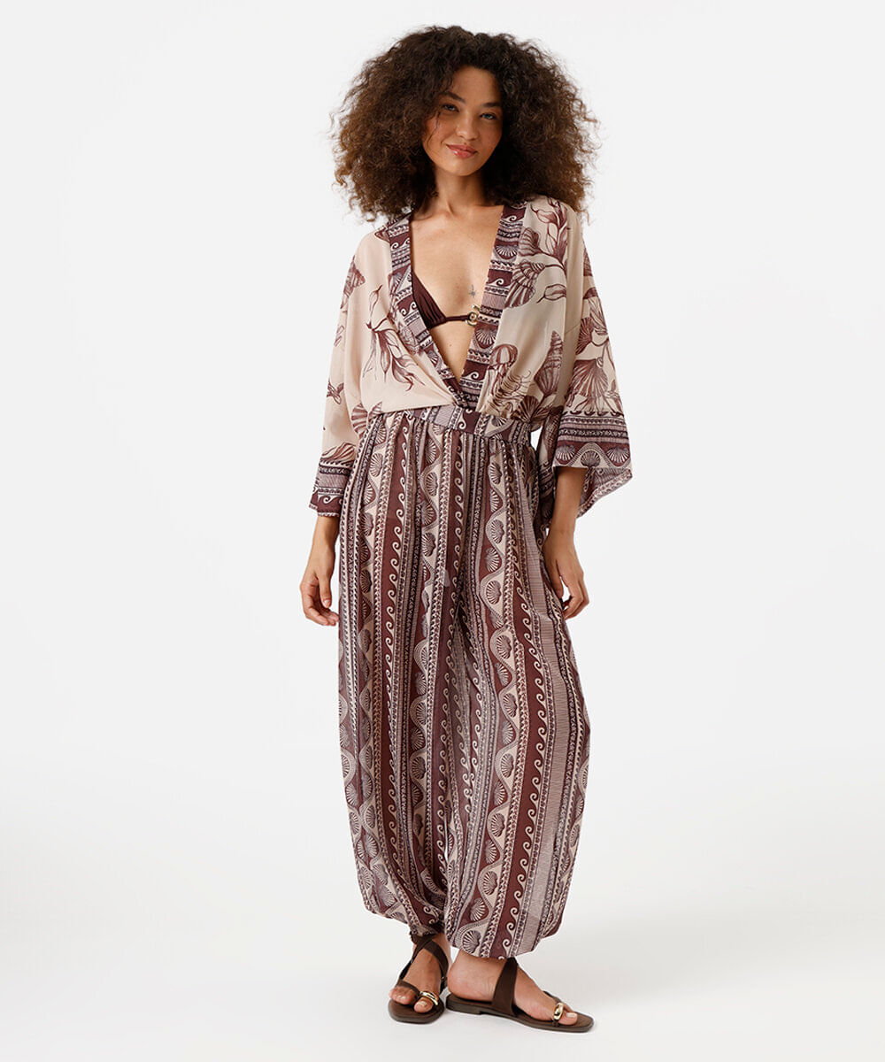 calça aladim feminina estampada bege