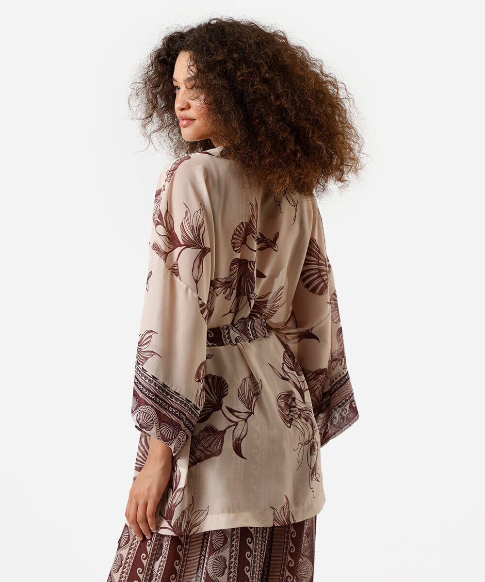 kimono feminino floral bege