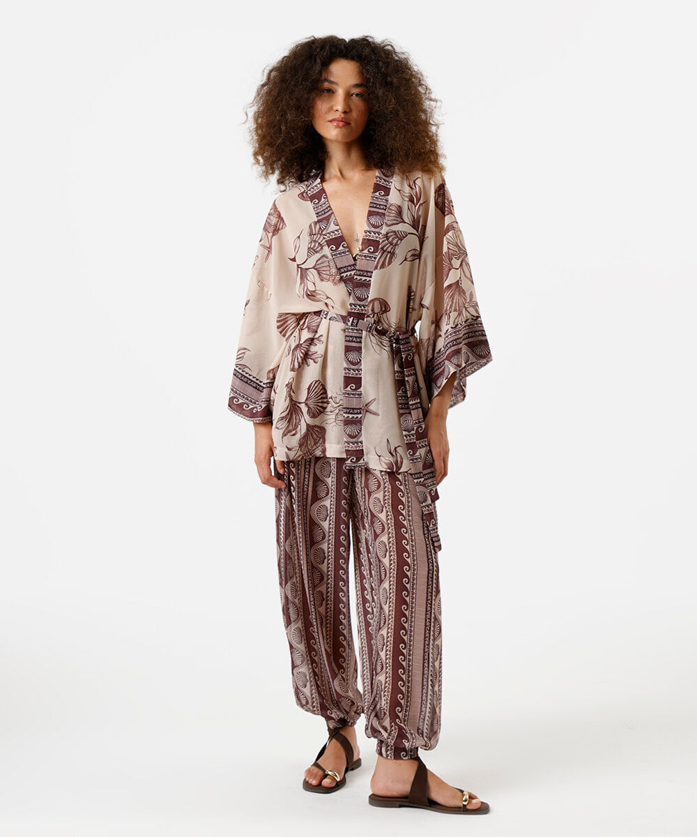 kimono feminino floral bege