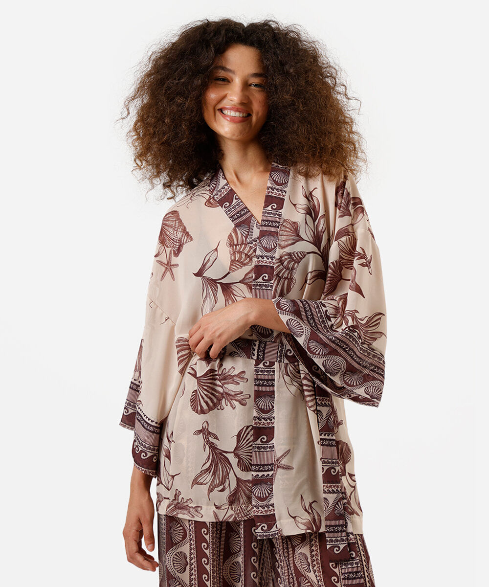 kimono feminino floral bege