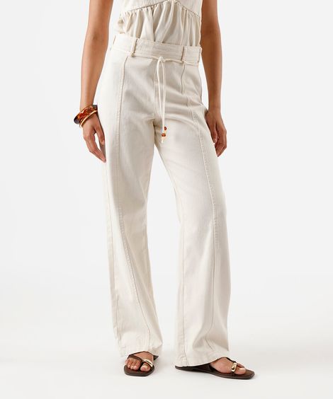calça wide leg slim feminina de sarja com recorte off white