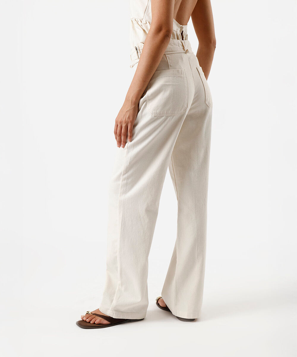 calça wide leg slim feminina de sarja com recorte off white