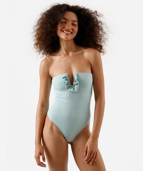 maiô sem alça feminino com babado texturizado azul