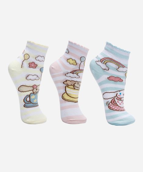 kit de 3 meias cano médio cinnamoroll colorido