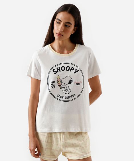 pijama short doll feminino de algodão snoopy amarelo