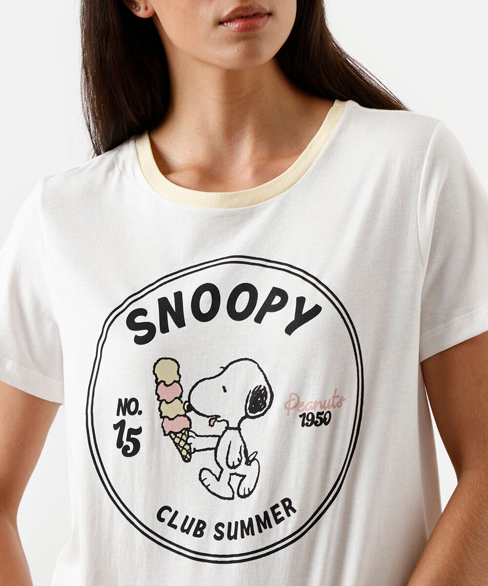 pijama short doll feminino de algodão snoopy amarelo