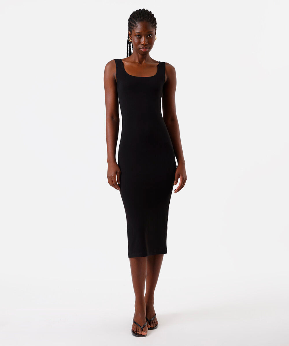 vestido midi feminino de algodão decote quadrado básico preto