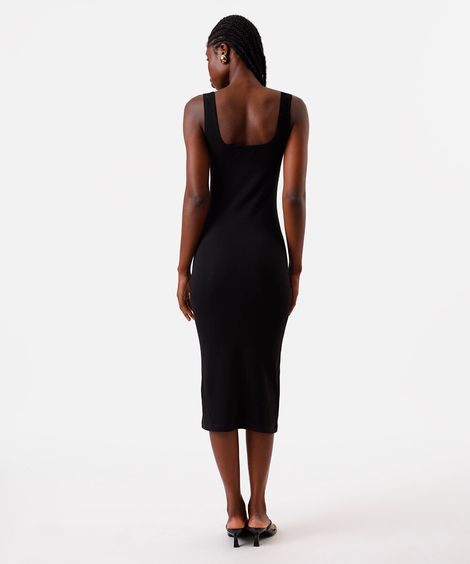 vestido midi feminino de algodão decote quadrado básico preto