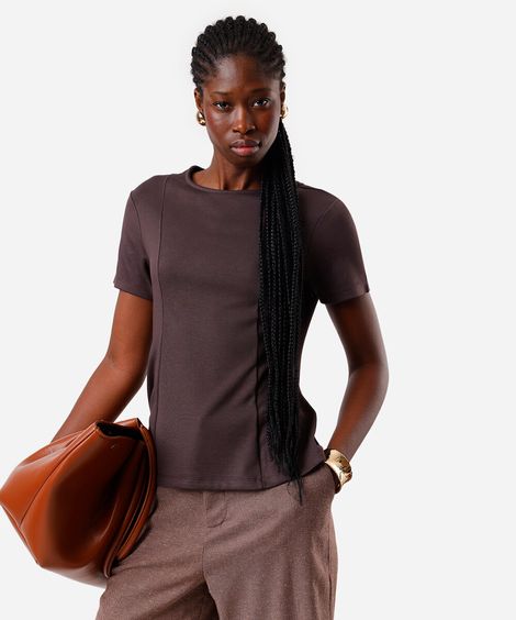 blusa peplum feminina com com viscose e recortes manga curta marrom