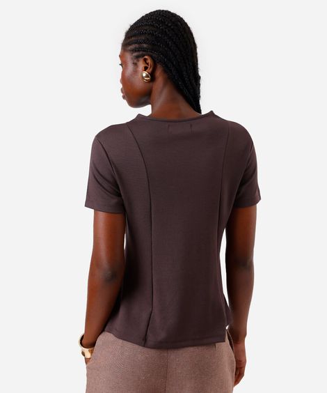 blusa peplum feminina com com viscose e recortes manga curta marrom