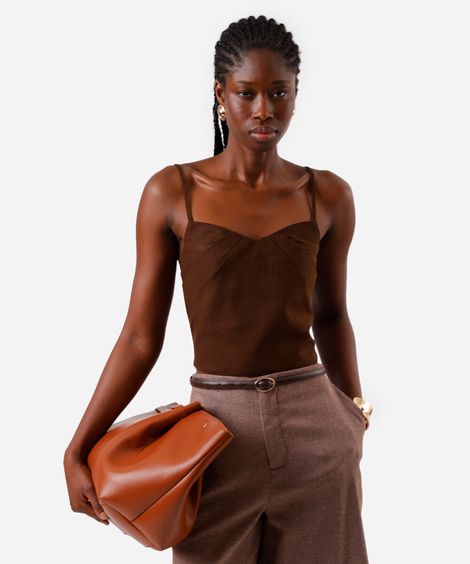 blusa alça fina feminina com linho e pregas marrom