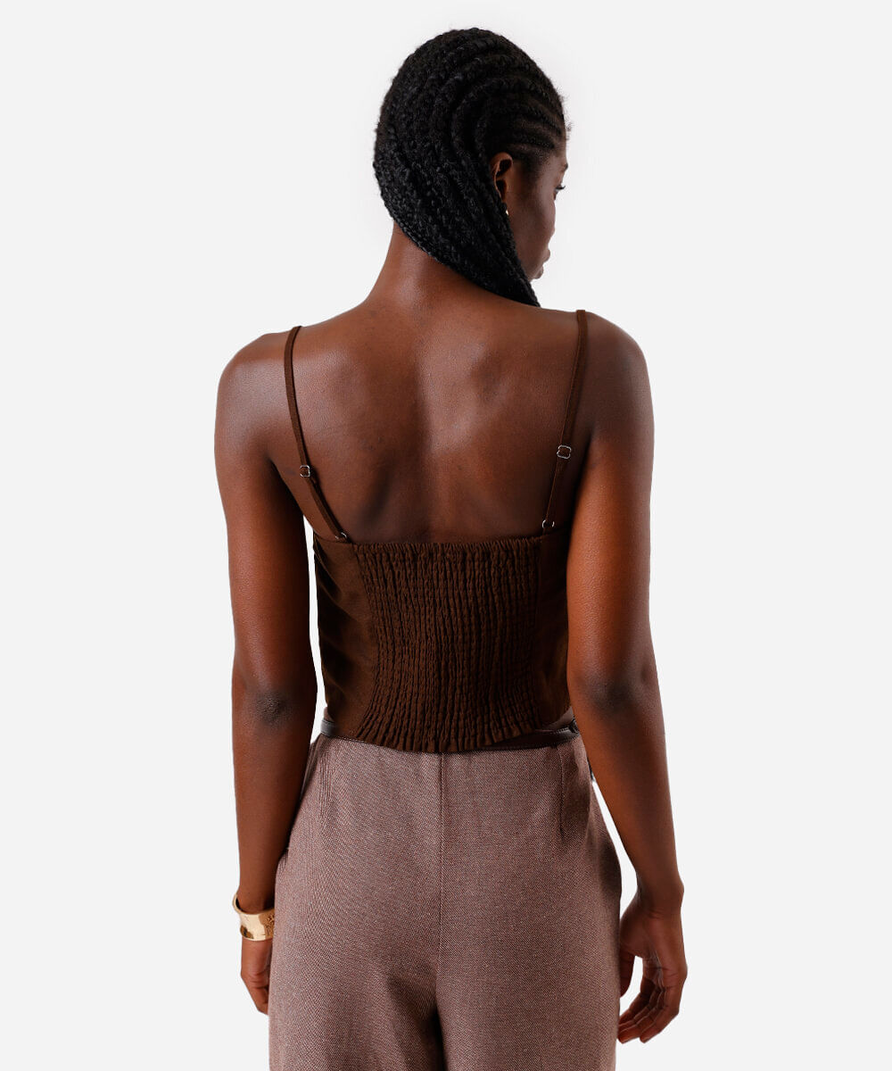blusa alça fina feminina com linho e pregas marrom
