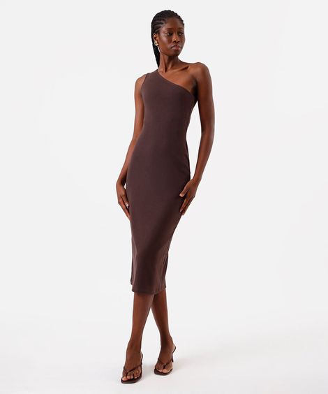 vestido midi ombro único feminino de algodão básico marrom