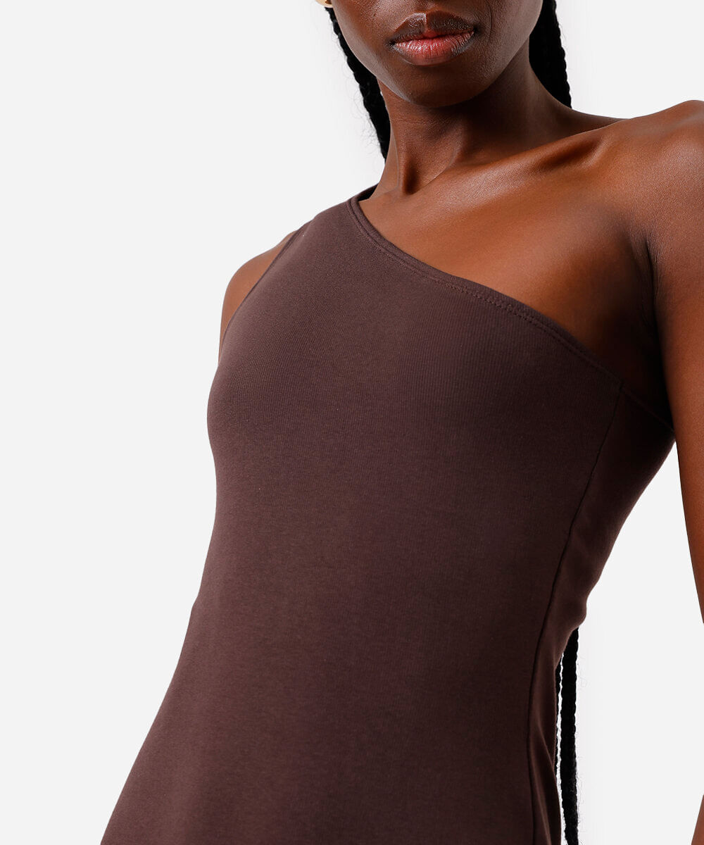 vestido midi ombro único feminino de algodão básico marrom