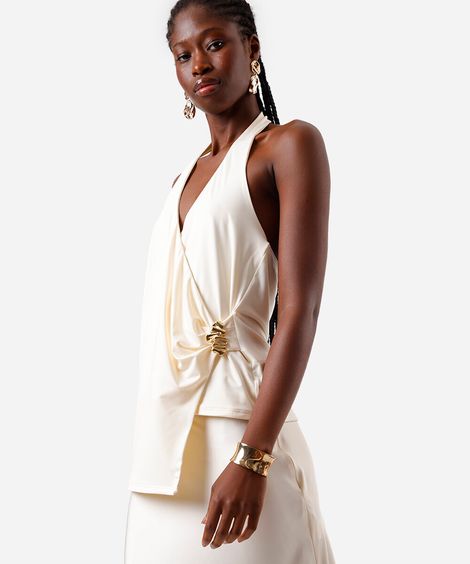 blusa frente única feminina transpassada com fivela off white