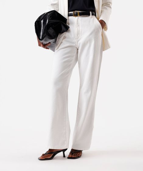 calça wide leg slim feminina de sarja com fendas off white