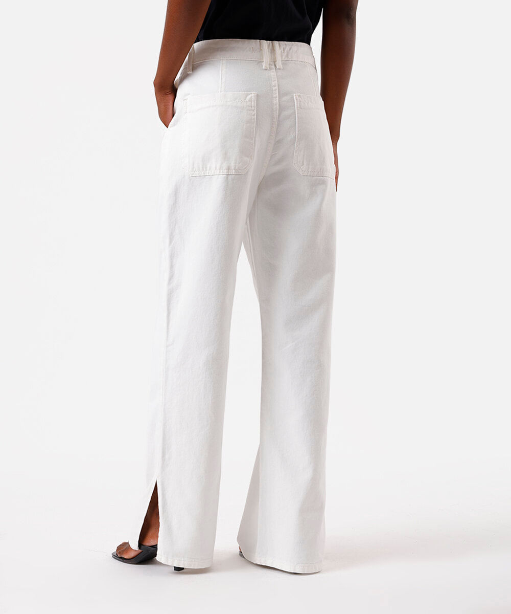 calça wide leg slim feminina de sarja com fendas off white