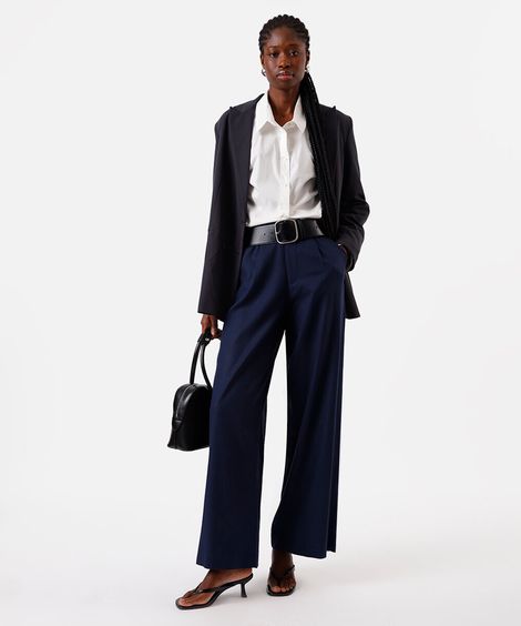 calça de alfaiataria feminina com linho e pregas azul