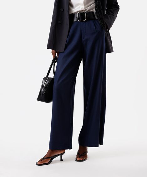 calça de alfaiataria feminina com linho e pregas azul