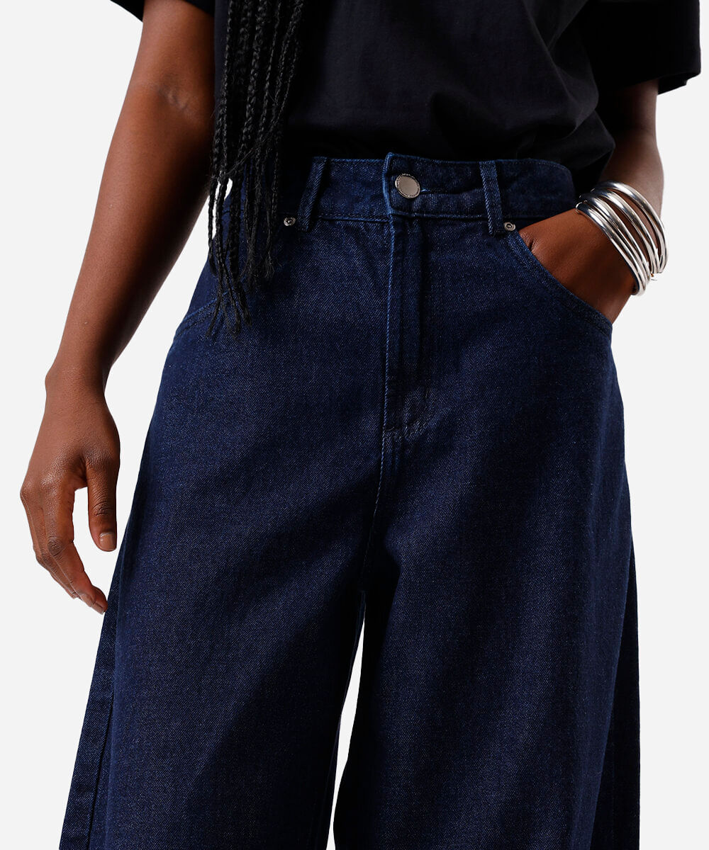 calça balloon feminina jeans cintura média azul