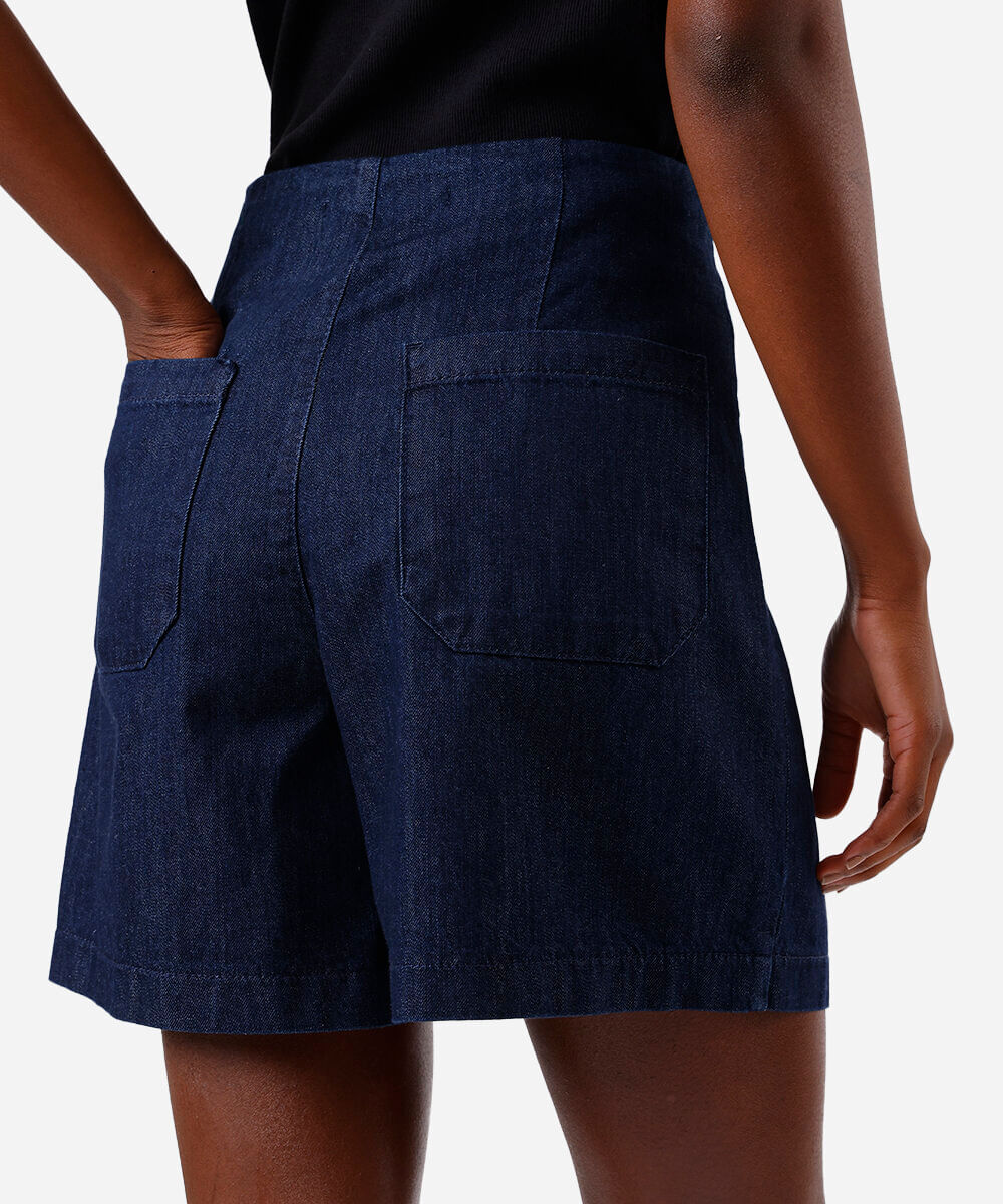 short feminino jeans cintura alta azul