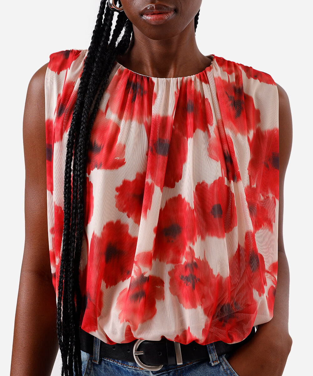 blusa balonê feminina de tule floral colorida