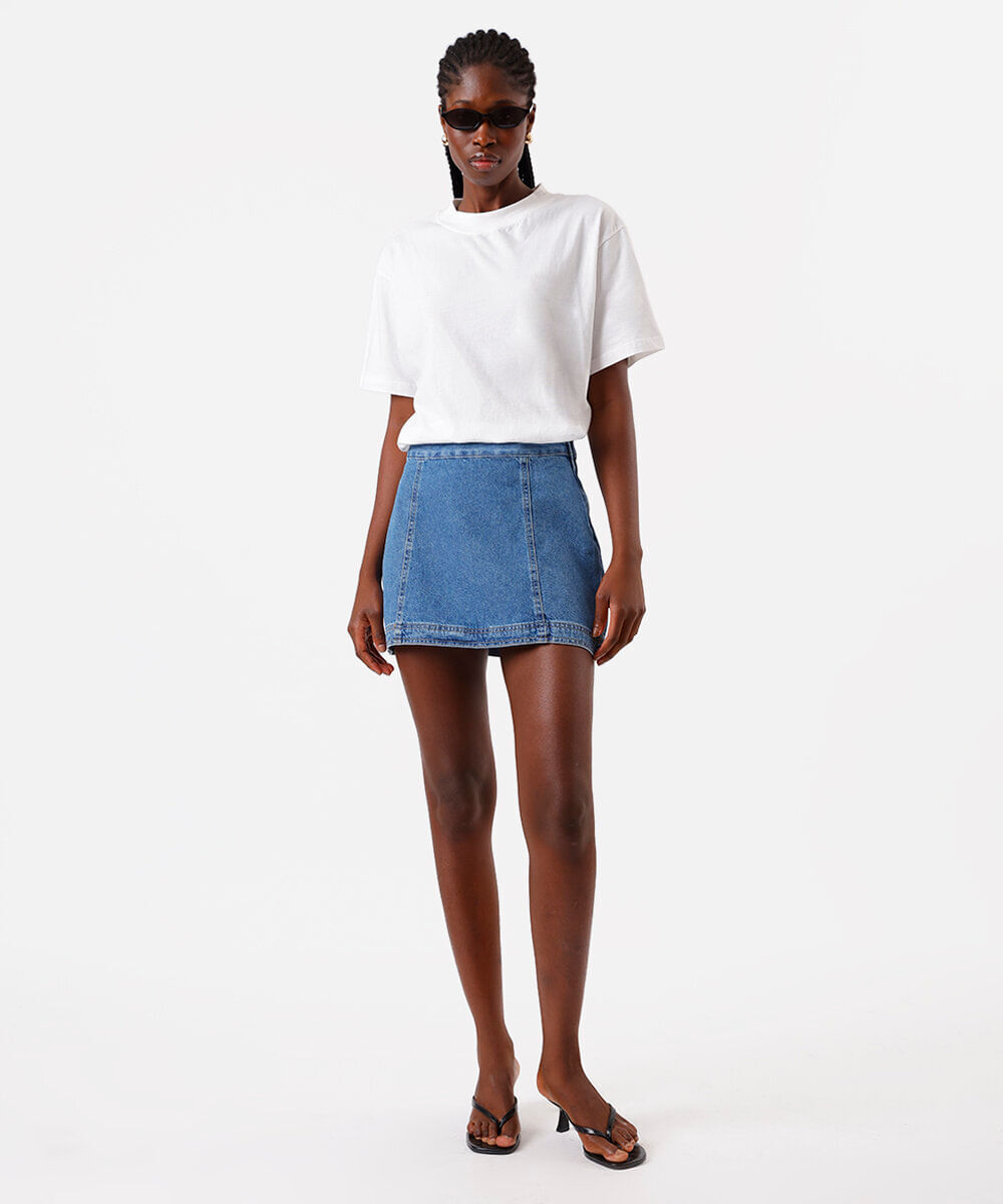 minissaia feminina jeans com recortes azul