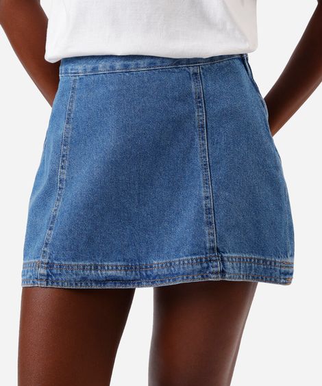 minissaia feminina jeans com recortes azul