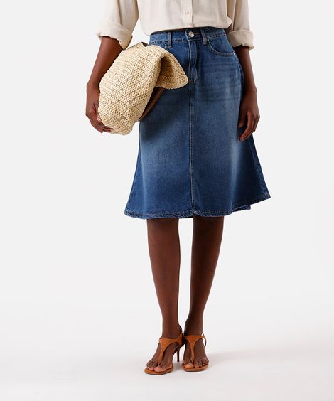 saia midi evasê feminina jeans azul