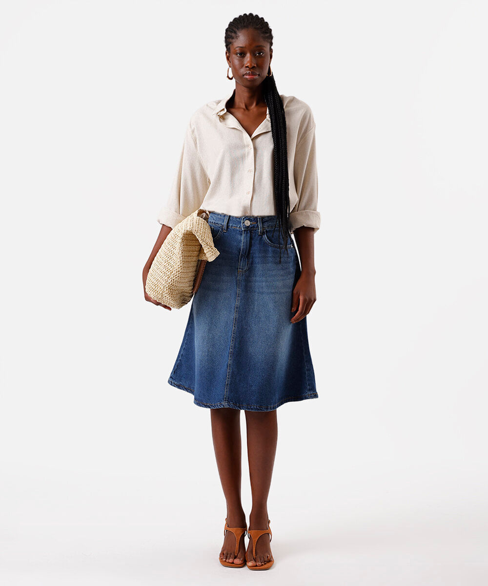 saia midi evasê feminina jeans azul
