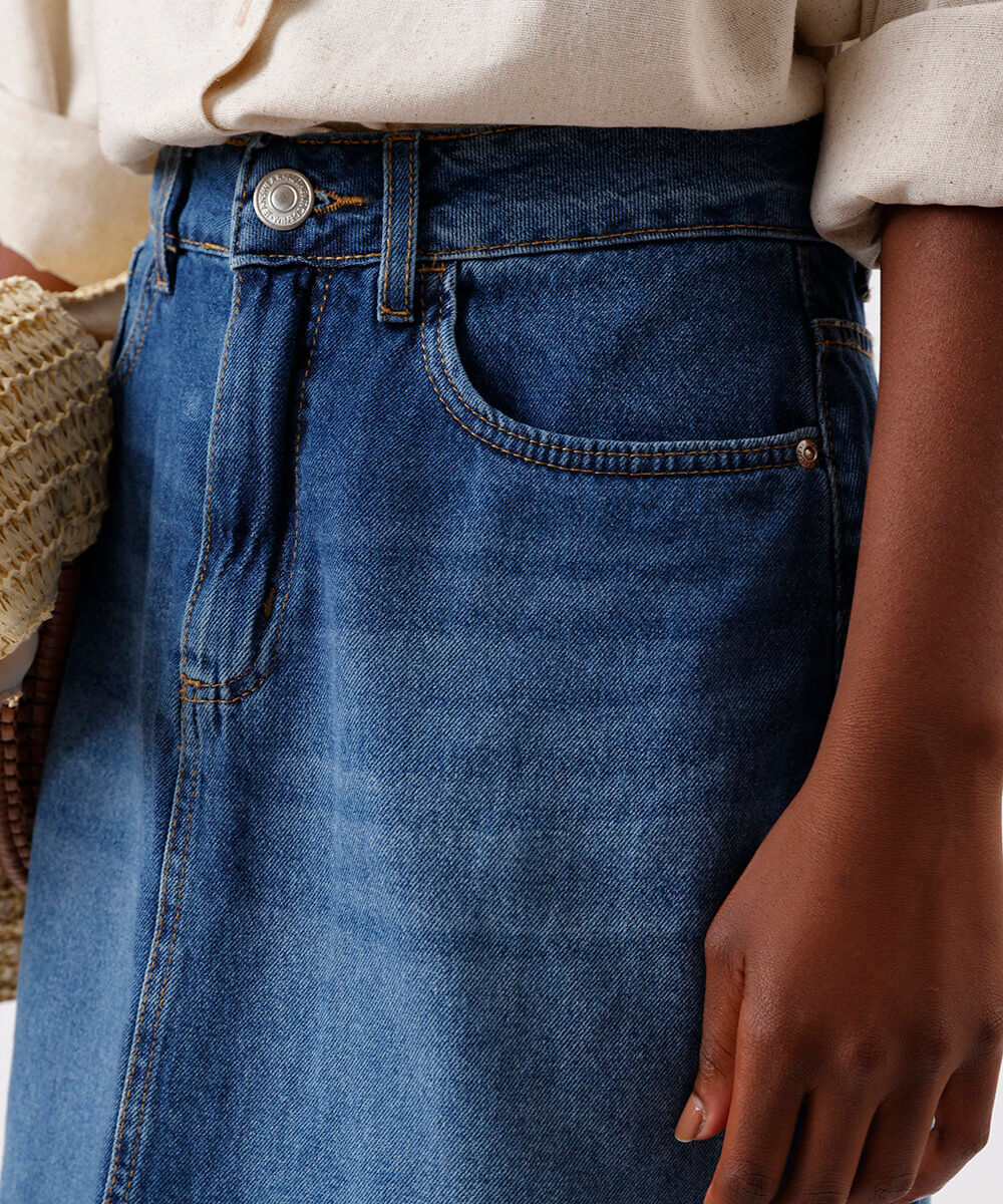 saia midi evasê feminina jeans azul