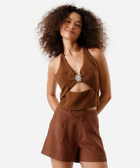 cropped frente única feminino com recorte marrom