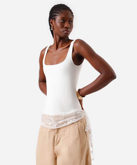 body feminino de poliamida decote quadrado off white