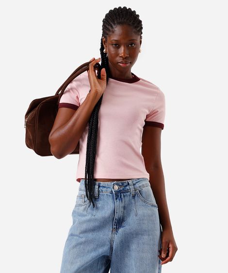 blusa baby look feminina de algodão básica bicolor rosa