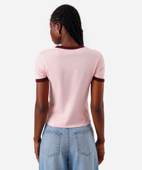 blusa baby look feminina de algodão básica bicolor rosa