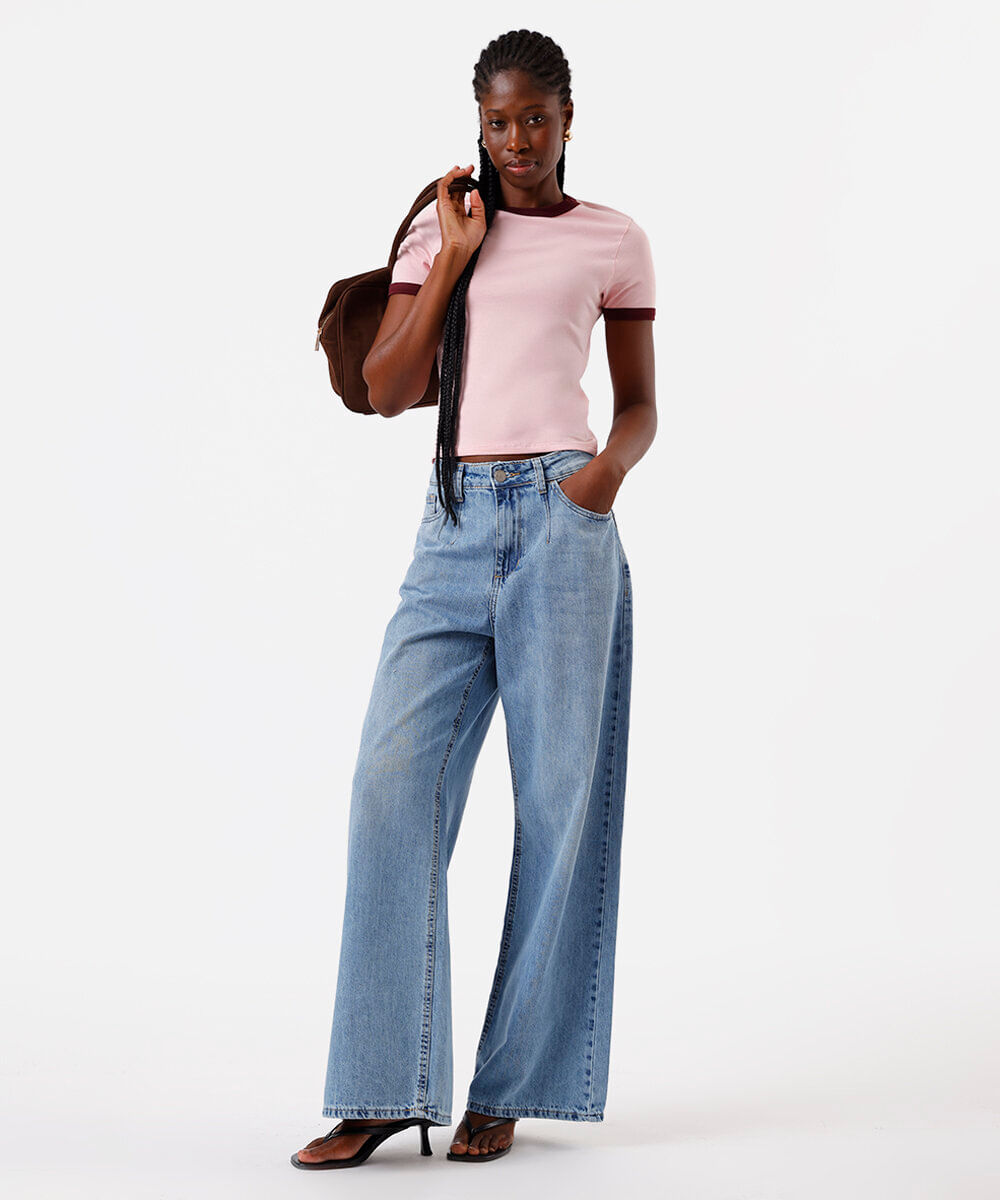 blusa baby look feminina de algodão básica bicolor rosa