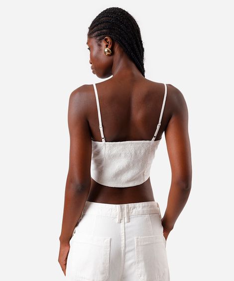 cropped feminino de laise alça fina com recorte off white