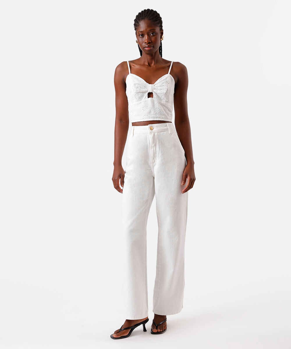 cropped feminino de laise alça fina com recorte off white