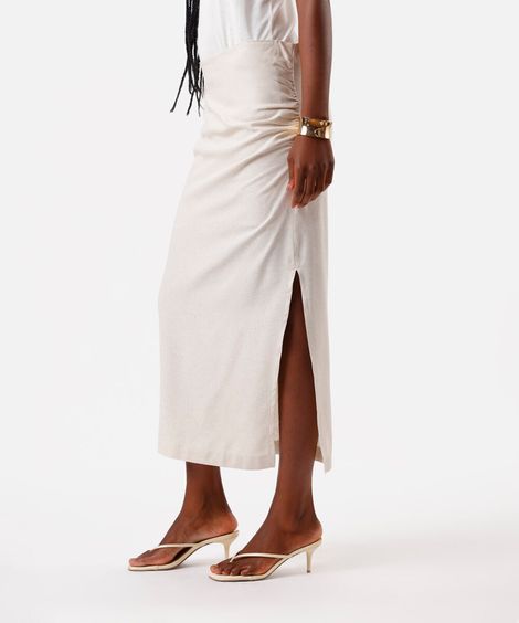 saia mídi linho cintura alta com fenda bege