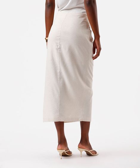 saia mídi linho cintura alta com fenda bege