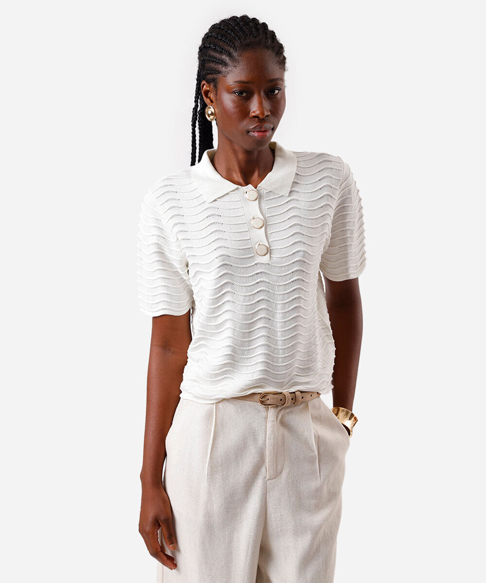 polo feminina de tricot texturizada off white